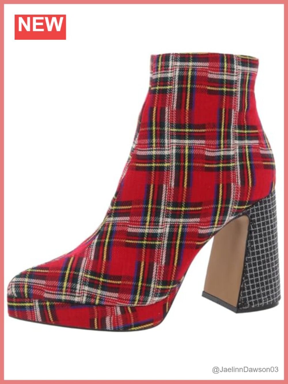Womens Ankle Bootie Heels Platform Block Heel Zip Almond Toe Rhinestone Plaid